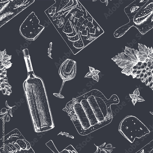 Wine and gourmet snacks seamless pattern. Cheese, meat, bread, grape hand drawn. Gourmet food pattern.