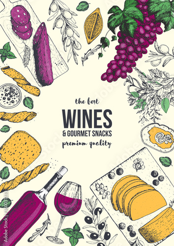 Wines and gourmet snacks frame vector illustration. Cheese, sausages, bread, foie Gras, grape hand drawn. Gourmet food set. Colored design template.