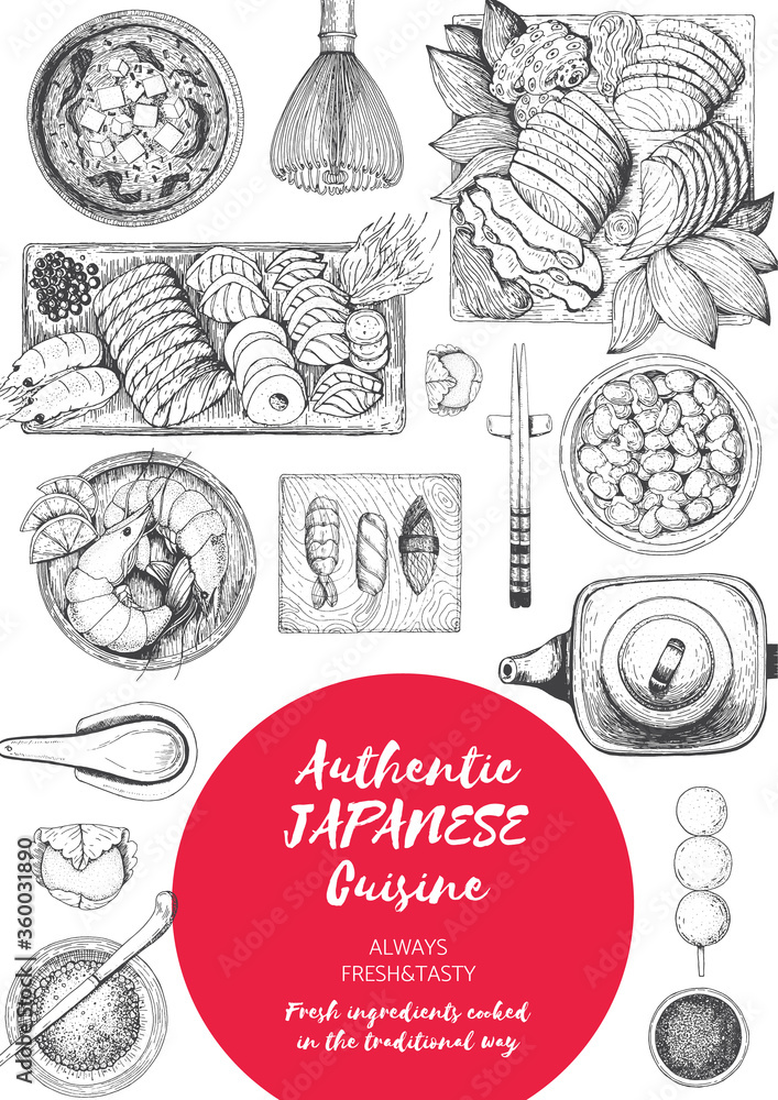 Obraz premium Japanese food menu restaurant. Asian food poster with sashimi, miso soup, oden, natto, matcha tea, and sushi. Top view frame vector illustration.