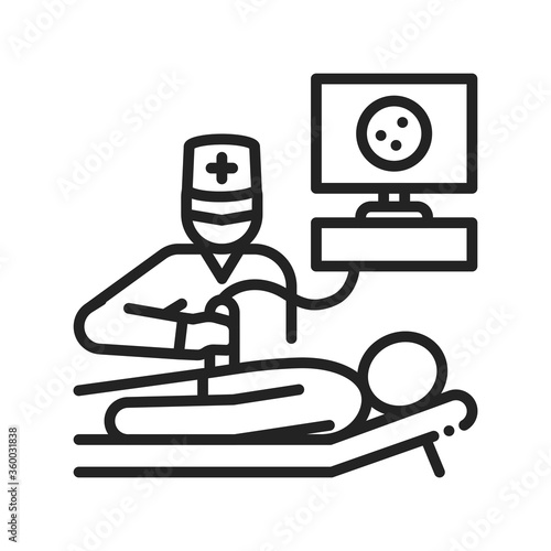 Ultrasound abdominal cavity black line icon. Medical checkup. Pictogram for web page, mobile app, promo. Editable stroke