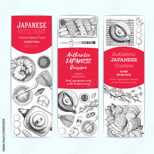 Japanese cuisine banner set. Asian food collection. Authentic dishes sketch. Vintage vector illustration