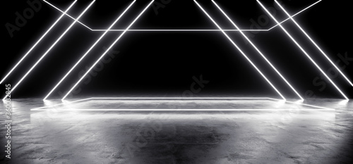 Fototapeta Naklejka Na Ścianę i Meble -  Sci Fi Triangle Stage Tunnel Corridor Neon Laser Futuristic Glowing White Virtual Synth Wave Cyber Alien Warehouse Garage Concrete Tiled Reflective Metal 3D Rendering
