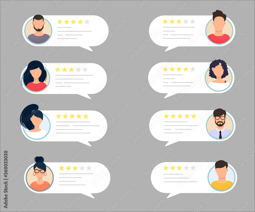 Feedback chat speech bubble with male and female avatar set. Rate the quality system of a five-star rating with a good and bad rating. Assessment concept and rating. Vector illustration. - obrazy, fototapety, plakaty 