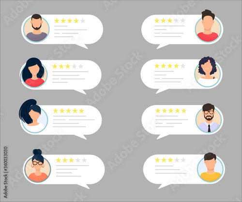 Feedback chat speech bubble with male and female avatar set. Rate the quality system of a five-star rating with a good and bad rating. Assessment concept and rating. Vector illustration.