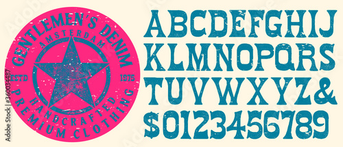 Craft retro vintage typeface design. Youth fashion type. Textured alphabet. Pop modern display vector letters. Drawn in graphic style. Set of Latin characters numbers
