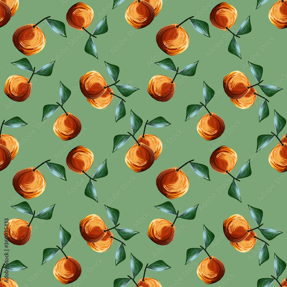 Gouache seamless pattern with oranges tangerines citrus fruits green leaves isolated on green background. Fruit repeated background. illustration for fabric textile, menu Gouache seamless pattern with oranges tangerines citrus fruits green leaves isolated on green background. Fruit repeated background. illustration for fabric textile, menu