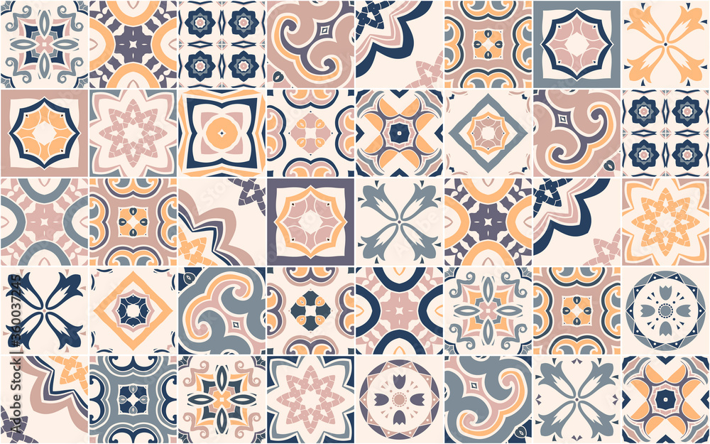 Seamless pattern with Portuguese abstract, hand-drawn tiles. Vector - obrazy, fototapety, plakaty 