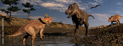 Dinosaur scenery with tyrannosaurus and triceratops by sunset - 3D render © Elenarts
