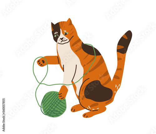 Cute three color cat playing with tangle yarn ball. Vector illustration in simple cartoon flat style. Isolated on white background