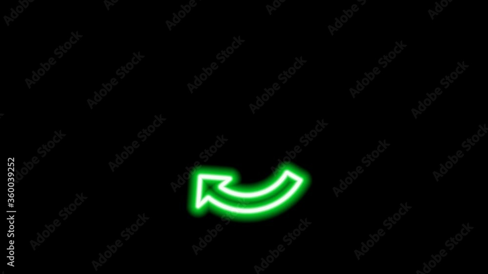 Green neon recycling arrow on black background. Spinning arrow Green neon recycling arrow on black background. Spinning arrow