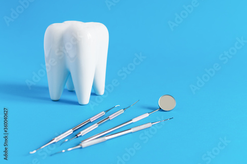 White dental tooth model with dentistry tools for teeth dental care on blue background. © Inna Dodor