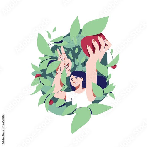 Illustration of young female working in a garden with an apple tree in a flat minimalistic clean vector style. Creative concept for website page or application about organic sustainable agriculture.