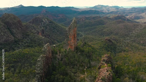 Amazing 4K aerial view over Warrumbungles mountain peaks, Australia photo