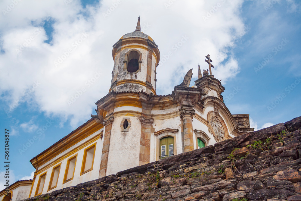 Baroque Church in Ouro Preto, Minas Gerais, Brazil. Igreja de Sao Francisco. Low angle view from religious building. Catholic architecture from de 18 century.
