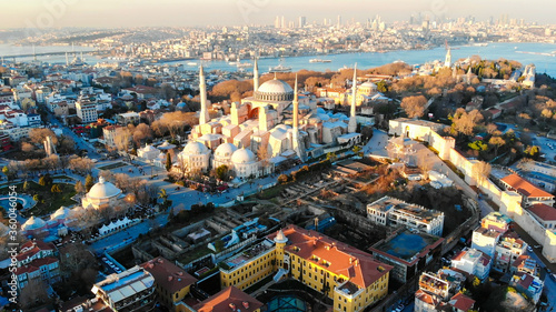 Evening aerial panorama of Istanbul overlooking Hagia Sophia