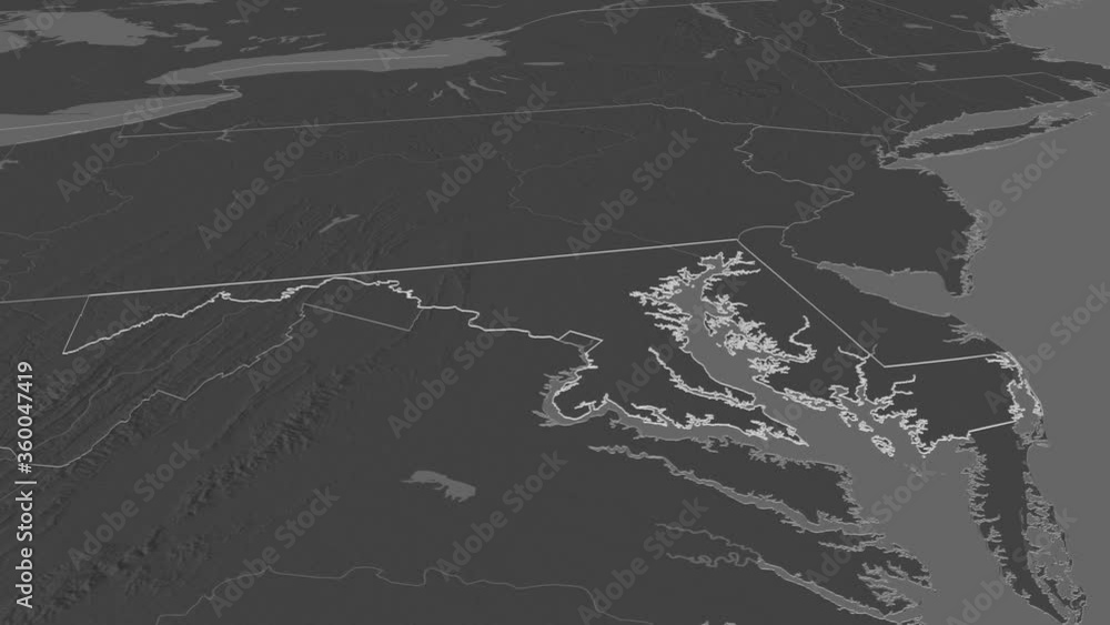 Maryland, state with its capital, zoomed and extruded on the bilevel map of United States in the conformal Stereographic projection. Animation 3D Maryland, state with its capital, zoomed and extruded on the bilevel map of United States in the conformal Stereographic projection. Animation 3D