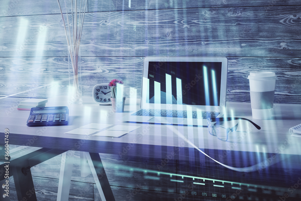 Double exposure of financial graph drawing and office interior background. Concept of stock market. Double exposure of financial graph drawing and office interior background. Concept of stock market.