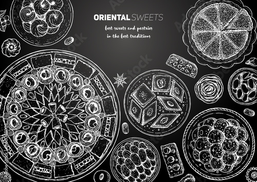 Oriental sweets vector illustration. Middle eastern food, hand drawn sketch. Linear graphic. Food menu background.