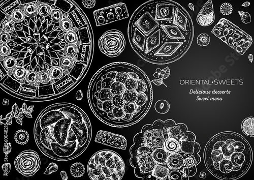 Oriental sweets vector illustration. Middle eastern food, hand drawn sketch. Linear graphic. Food menu background. Engraved style design template.