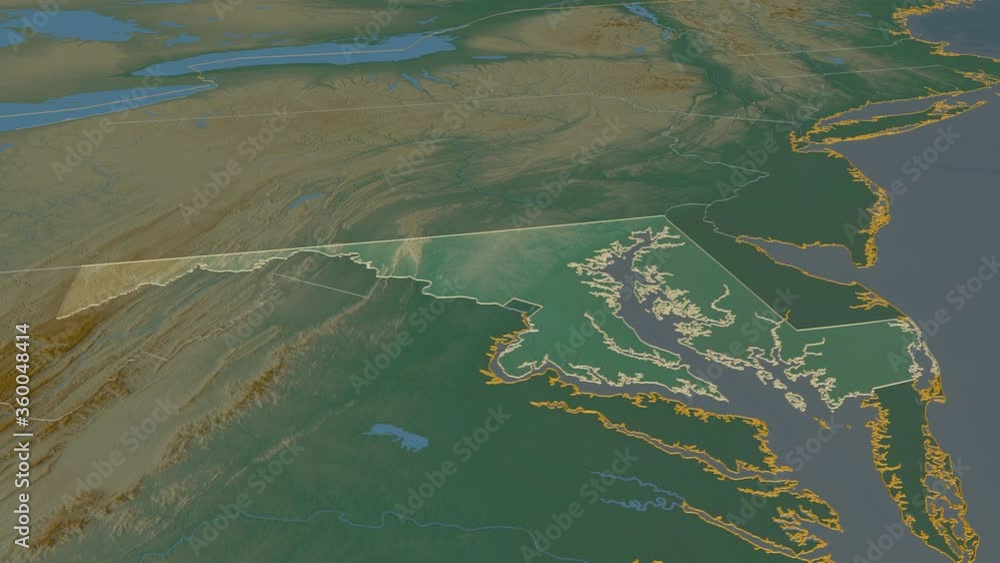 Maryland, state with its capital, zoomed and extruded on the relief map of United States in the conformal Stereographic projection. Animation 3D Maryland, state with its capital, zoomed and extruded on the relief map of United States in the conformal Stereographic projection. Animation 3D