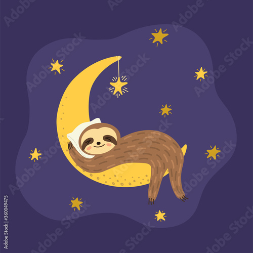 Cute sloth sleeps tight on the moon. Sweet dreams. Children's illustration.