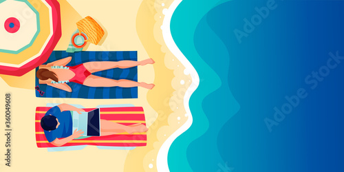 Young couple on beach, vector flat cartoon top view illustration. Summer holiday travel and vacation at resort concept