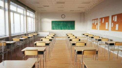 Wallpaper Mural Empty classroom with chalkboard and rows of desks with chairs. Break at school. Torontodigital.ca