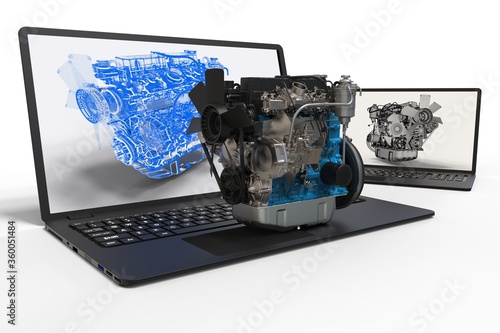 3D render a car engine representing engine and car development 