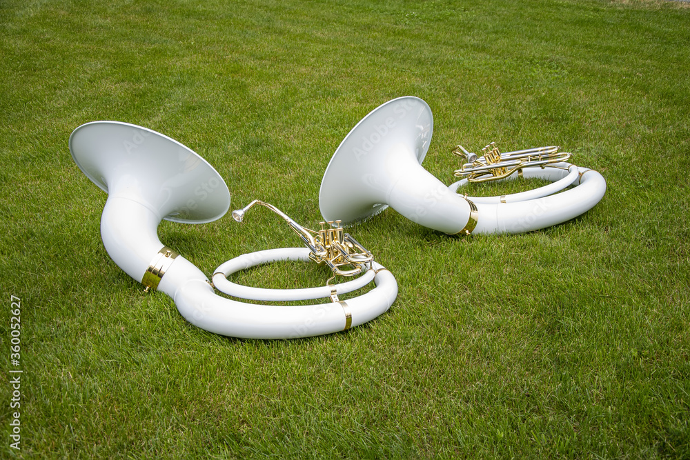 Two white wind musical instrument (by a sousaphone-Helicon) lying on the  green grass in the Park. foto de Stock | Adobe Stock