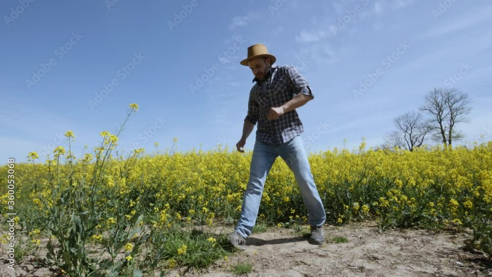 Happy Man Farmer Dancing Enjoying at Rape Blossom On Field. Fun Celebrating Funny Viral Dance Freedom. Guy Enjoying Dance. Joyful Man Farmer Dancing. Slow Motion. Flowering Rapeseed Field Blue Sky.