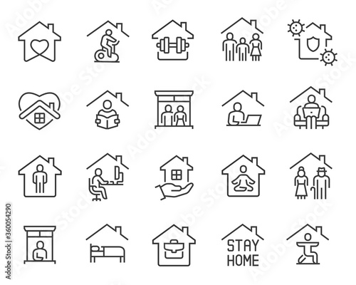 Stay Home Icons set. Collection of linear simple web icons such as Work from Home, Stay Home, Virus Protection, Isolation, Sports and Hobbies, Covid-19, CORONAVIRUS, Family at Home, Quarantine and