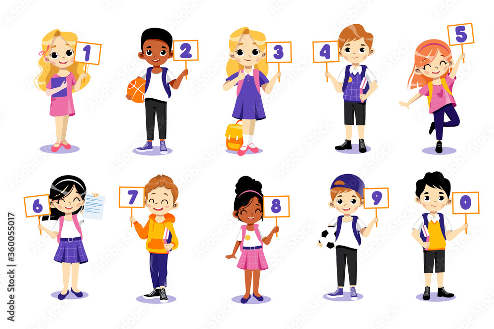 Concept Of Back To School. Kids Ready To Study In New Academic Year. Classmates Boys And Girls Standing In A Row Together Holding Plates With Numbers From 0 To 9. Cartoon Flat Vector Illustration