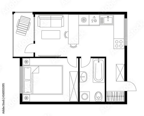 Apartment plan layout studio, condominium, flat, house. One bedroom plan apartment small space. Interior design elements kitchen, bedroom, bathroom with furniture. Vector floorplan living room.