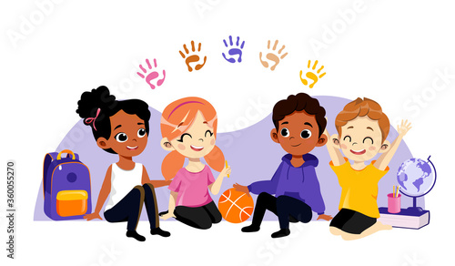 Concept Of Back To School. Set Of Kids Ready To Study In New Academic Year. Group Of Classmates Boys And Girls Sitting Near School Items Backpack, Book, Globe. Cartoon Flat Style Vector Illustration