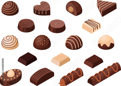 Isometric vector set of chocolate candies different types and forms. Isolated on white background. Sweet food vector illustration.
