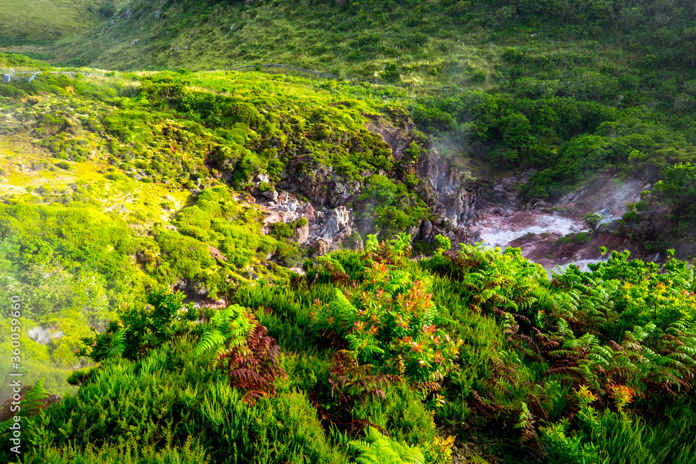 Impressionate landscape of sulphur fumaroles of Furnas do Enxofre in Terceira island, Azores, Portugal