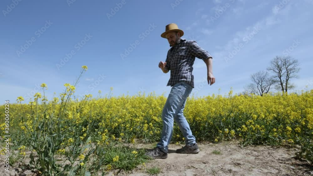 Happy Man Farmer Dancing Enjoying at Rape Blossom On Field. Fun Celebrating Funny Viral Dance Freedom. Guy Enjoying Dance. Joyful Man Farmer Dancing. Slow Motion. Flowering Rapeseed Field Blue Sky. Happy Man Farmer Dancing Enjoying at Rape Blossom On Field. Fun Celebrating Funny Viral Dance Freedom. Guy Enjoying Dance. Joyful Man Farmer Dancing. Slow Motion. Flowering Rapeseed Field Blue Sky.