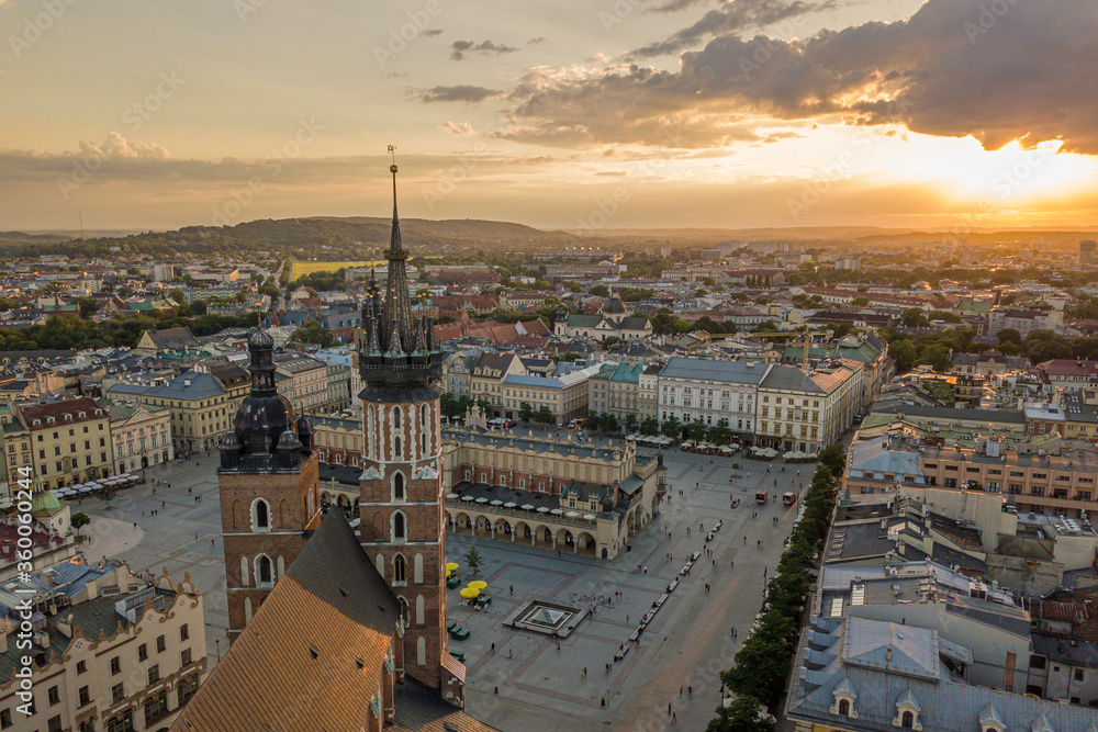 Krakow. Beautiful Main Square at sunset