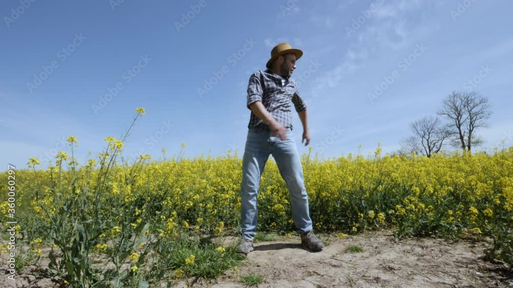 Happy Man Farmer Dancing Enjoying at Rape Blossom On Field. Fun Celebrating Funny Viral Dance Freedom. Guy Enjoying Dance. Joyful Man Farmer Dancing. Slow Motion. Flowering Rapeseed Field Blue Sky. Happy Man Farmer Dancing Enjoying at Rape Blossom On Field. Fun Celebrating Funny Viral Dance Freedom. Guy Enjoying Dance. Joyful Man Farmer Dancing. Slow Motion. Flowering Rapeseed Field Blue Sky.