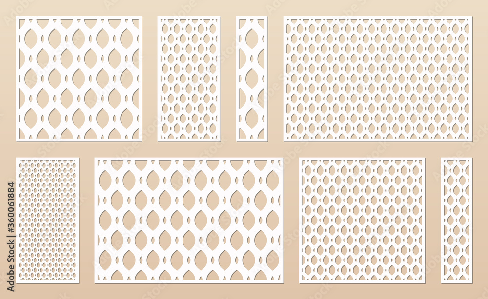 Laser cut panel collection. Cnc pattern set. Vector template with abstract geometric texture of grid, mesh, net, lattice, weave. Decorative stencil for laser cutting. Aspect ratio 1:1, 1:2, 1:4, 3:2