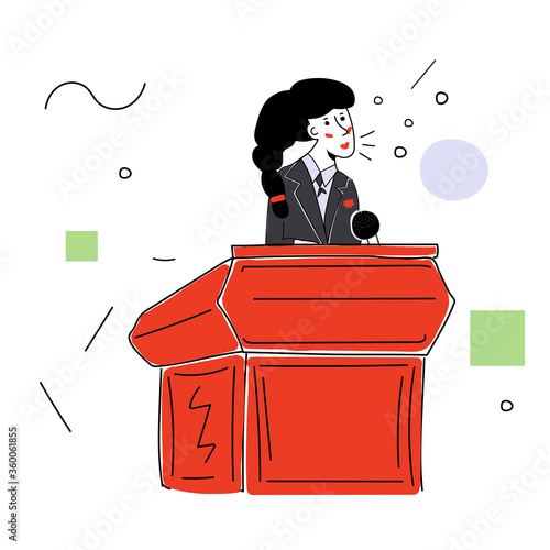 A young activist girl in a business suit behind a podium makes a speech. Girl politician. Vector illustration with contour in hand drawn style. Cartoon picture