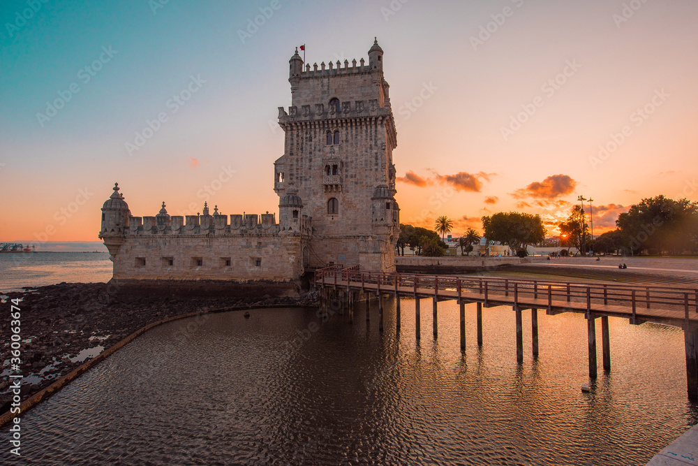 belem tower lisbon portugal at sunset