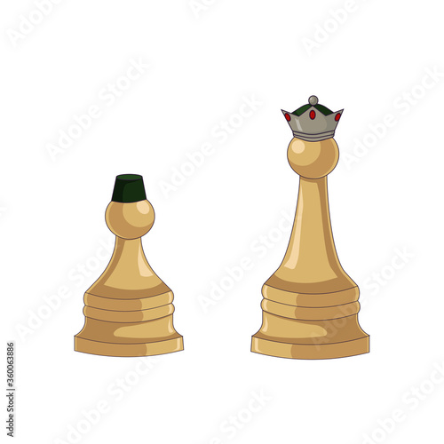 Pawn and Queen with outline in Cartoon style on white isolated background, vector stock illustration for prints and patterns, concept of Hobby, Leisure, Strategy and Logic Games, Chess and Chessmen.