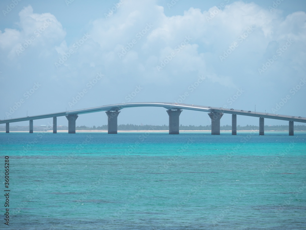 Okinawa,Japan-June 19, 2020: Irabu Ohashi bridge connecting Miyakojima island and Irabu island, the longest charge-free bridge in Japan

