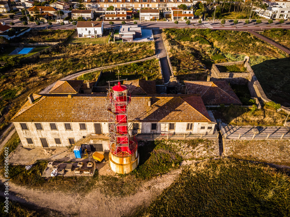Conservation and restoration work taking place on the Farol de Esposende (Esposende Lighthouse) set in front of the Fort of Sao Joao Baptista de Esposende, situated at the mouth of Cavado river.