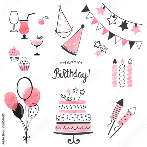 Birthday party icon set in pink and black colors. Vector hand drawn illustration