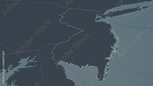 New Jersey, state with its capital, zoomed and extruded on the administrative map of United States in the conformal Stereographic projection. Animation 3D