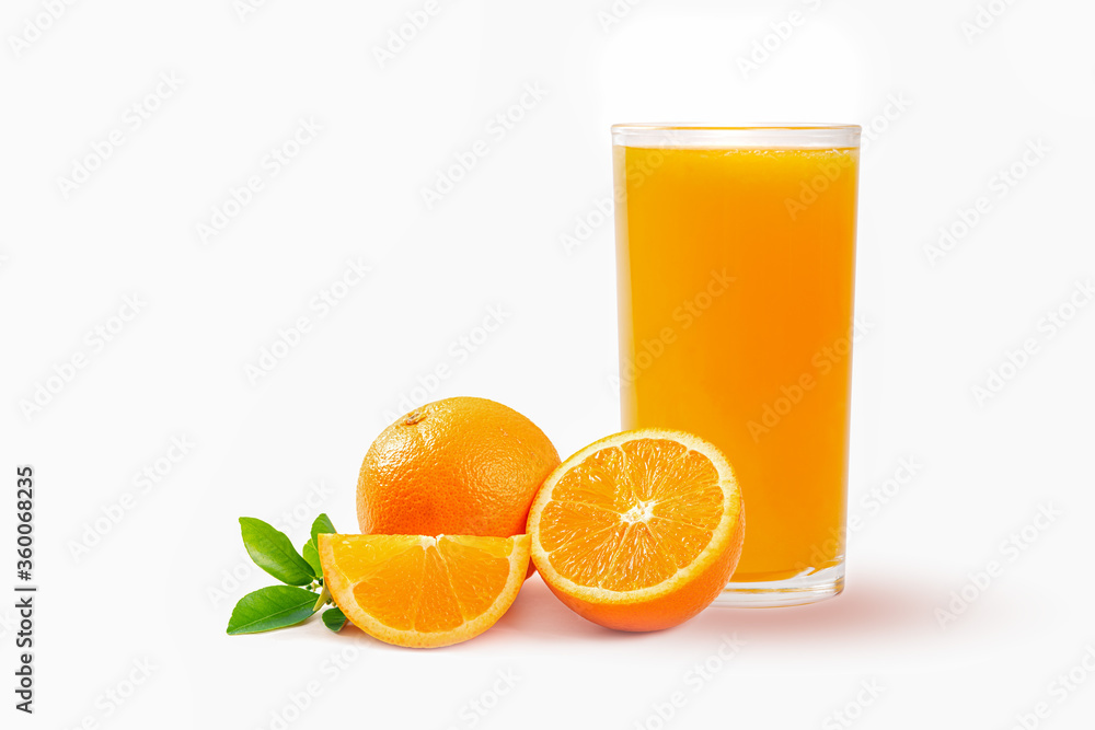 Glass of orange juice and orange isolated on white background.
Glass of orange juice and orange isolated on white background.