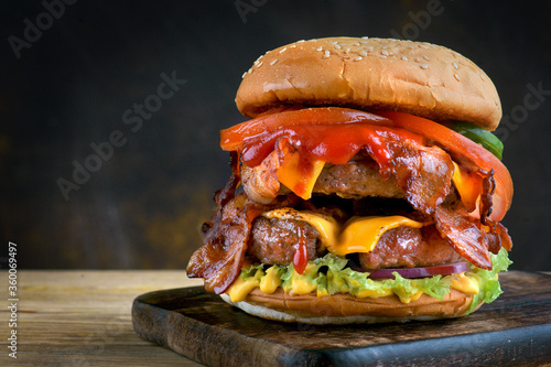 double bacon Burger on a dark background