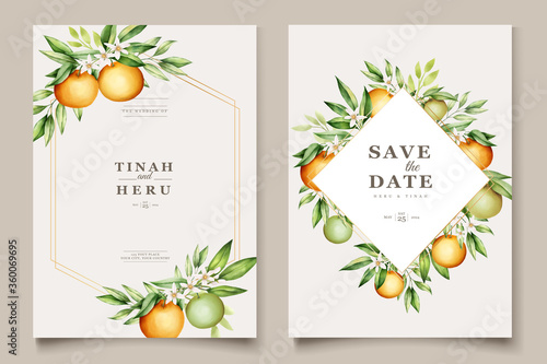 Fototapeta Naklejka Na Ścianę i Meble -  Botanical watercolor orange fruits wedding invitation card template